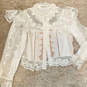 Alice + Olivia Marlo Eyelet Lace Ruffled Cropped Blouse